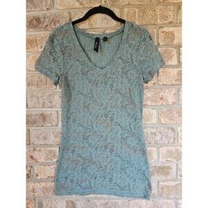 BKE BOUTIQUE Teal Sheer Lacy V-Neck Tee T-Shirt Top Women's M Short Sleeve